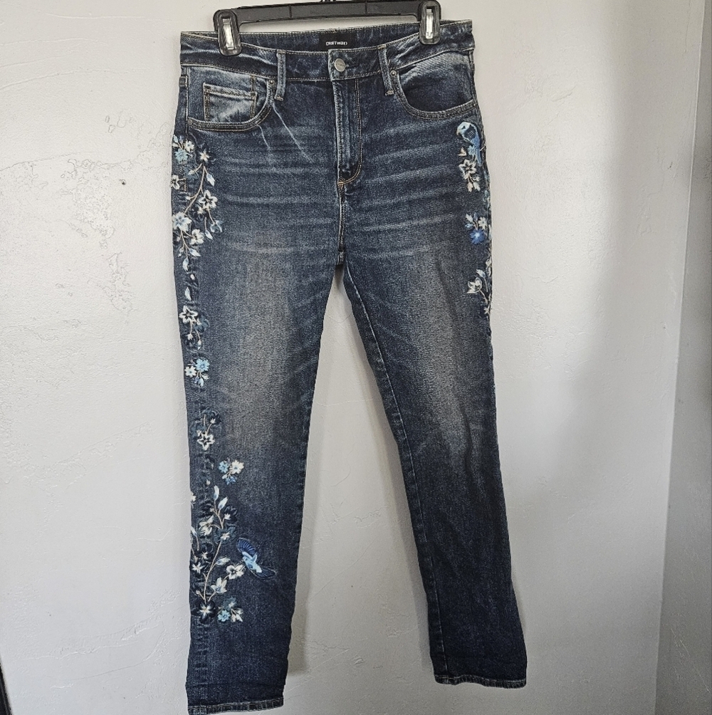 Driftwood Women's 28 Blue Audrey High Rise Ankle Cropped Jeans Floral Embroidery